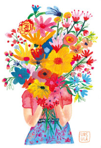 Farbenfrohe Illustration von Ursula Tücks alias Frau Maravillosa Frau mit Blumenstrauß